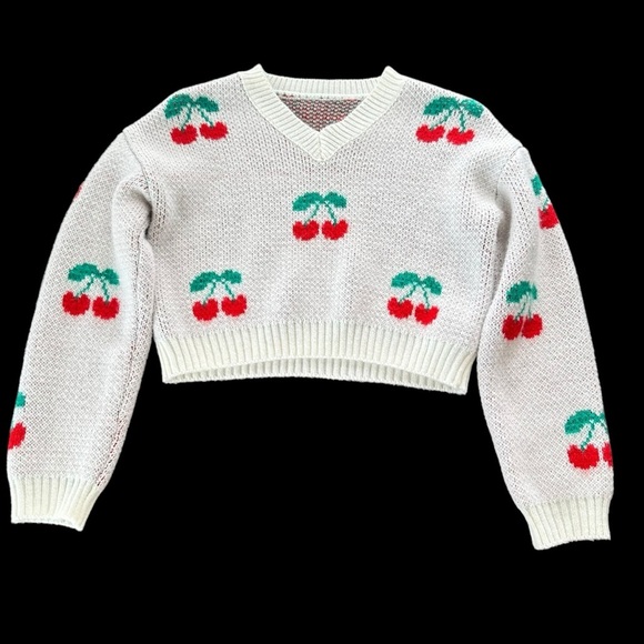 Girls size 10 Cherry Print V Neck Cream Sweater V Neck Pullover Top Cute Spring - Picture 1 of 4